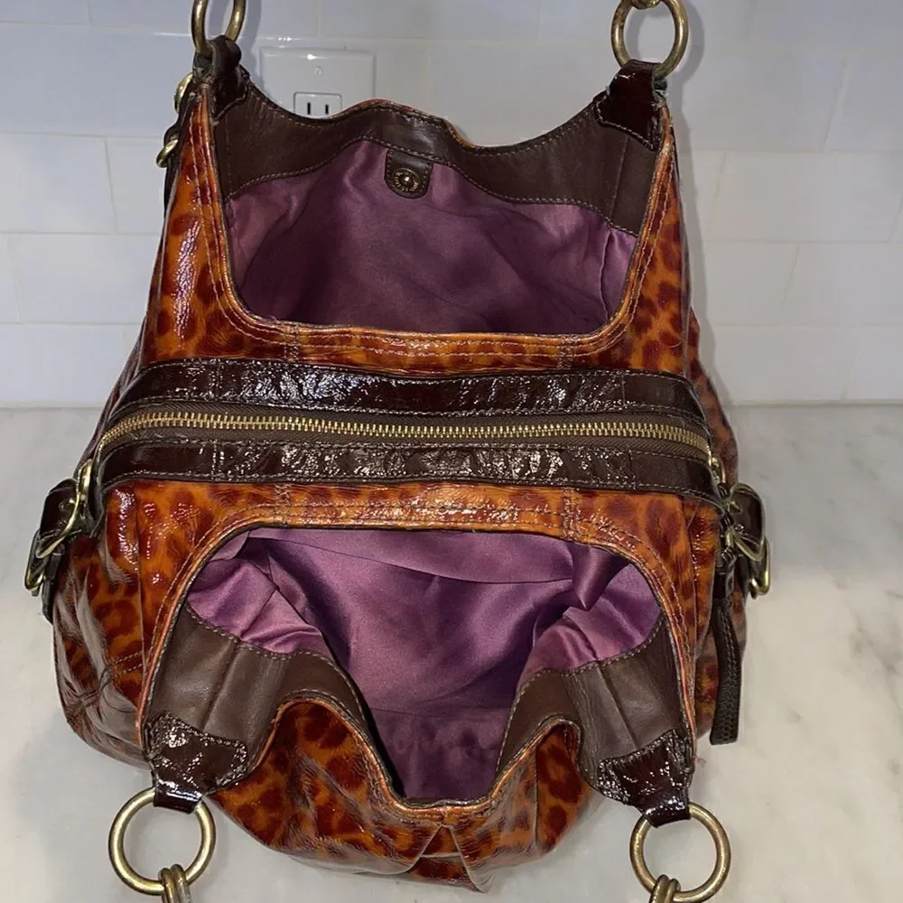 Coach Purse Handbag Leather Maggie Mia Ocelot Gloss Patent Hobo Shoulder Bag